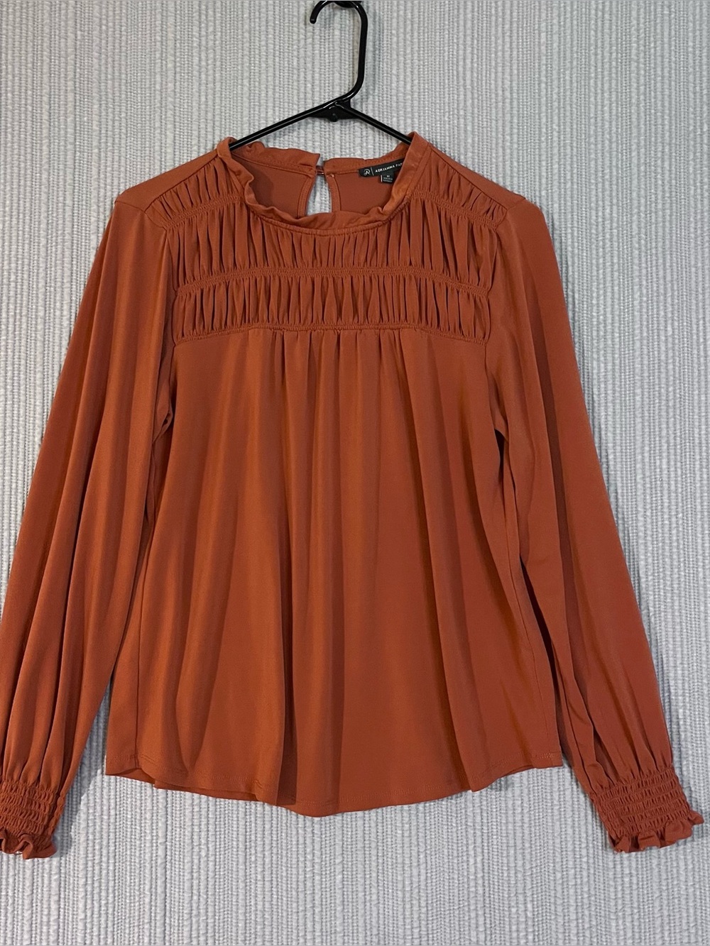 Adrianna Papell Ruffle Neck Smocked Blouse Rust Orange Womens M Long Sleeves